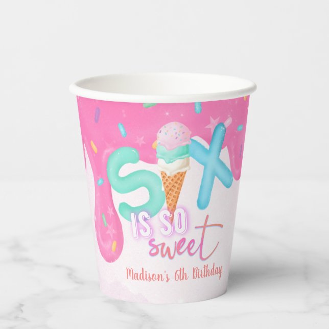 six is so sweet Pink Frosting Girl's Birthday  Paper Cups (Front)