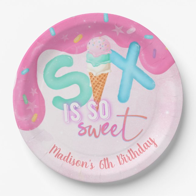 six is so sweet Pink Frosting Paper Plate (Front)