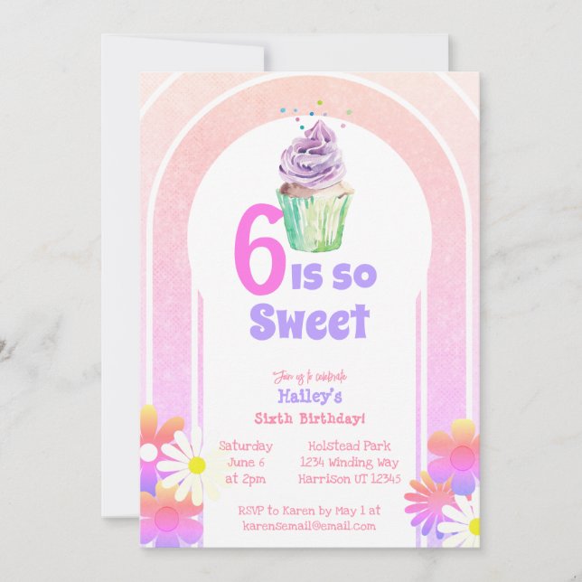 Six is Sweet Colourful Cupcake Sixth Birthday Invitation (Front)