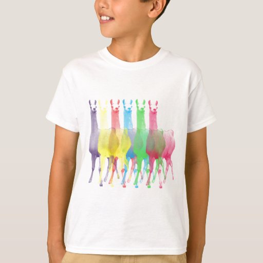 Image of six lamas in six llama colours T-shirt