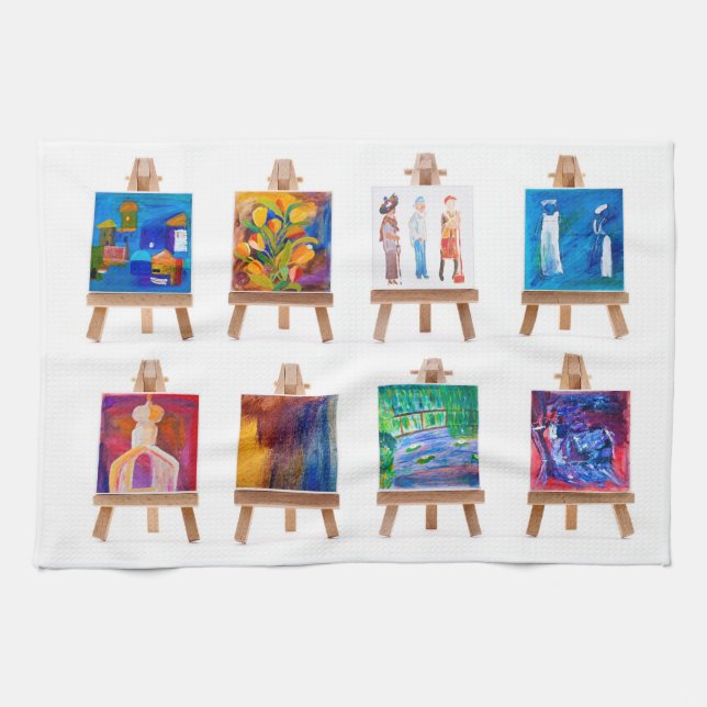 Six mini paintings on easels isolated on white tea towel (Horizontal)