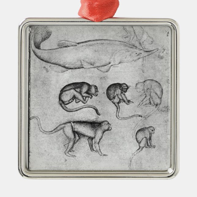 Six Monkeys and a Sturgeon Metal Tree Decoration (Front)