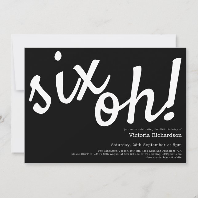 Six Oh! 60th Birthday Minimalist Black White Funny Invitation (Front)