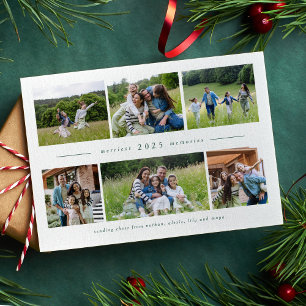 Six photo collage simple green family Christmas  Holiday Card
