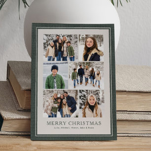 Six photo collage simple green frame Christmas Holiday Card