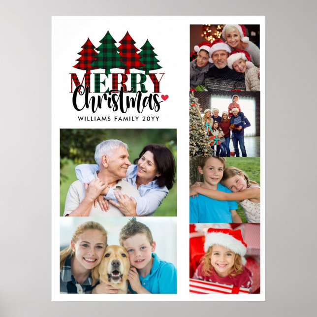 Six Photo Custom Name Plaid Christmas Wall Poster (Front)