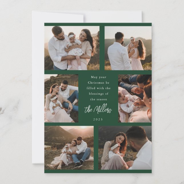 Six Photo Modern Script Flat Holiday Card Green (Front)