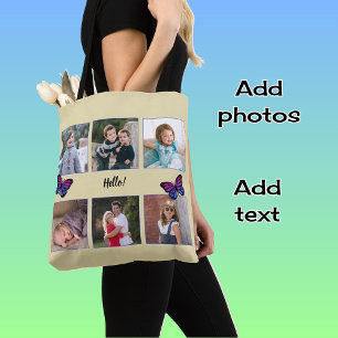 Six photos custom text butterflies beige tote bag
