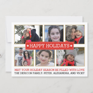 Six photos red and gold modern Christmas holiday Card