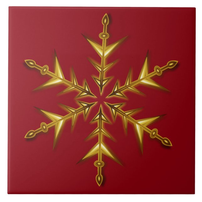 Six Point Golden Christmas Star Over Red Backdrop Tile (Front)