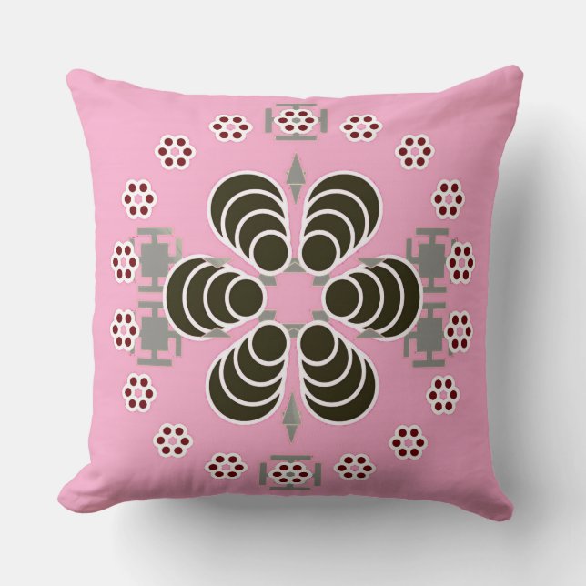 Six point Mandala - pink  and black Cushion (Front)