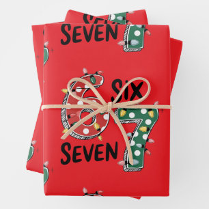 Six Seven 67 6 7 Christmas Meme Funny Xmas red Wrapping Paper Sheet