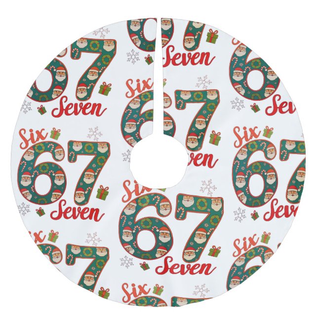 Six Seven 67 6 7 Meme Christmas Xmas Santa Hat Brushed Polyester Tree Skirt (Front)