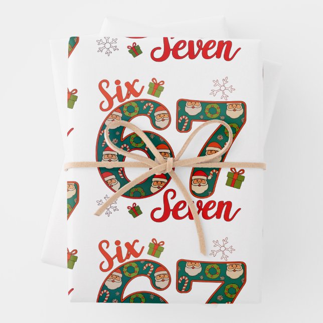 Six Seven 67 6 7 Meme Christmas Xmas Santa Hat Wrapping Paper Sheet (In situ)