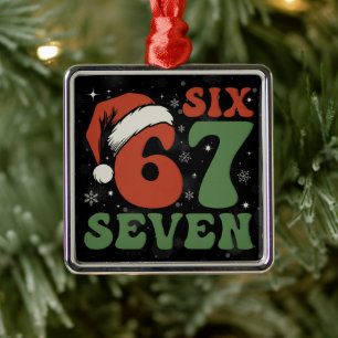 Six Seven 67 Funny Santa Hat Christmas Xmas Meme Metal Tree Decoration