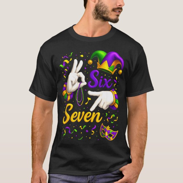 Six Seven 6 7 Meme Mardi Gras Jester Hand Sign Fat T-Shirt (Front)
