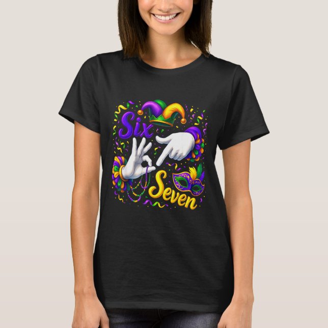 Six Seven 6 7 Meme Mardi Gras Jester Hand Sign Fat T-Shirt (Front)