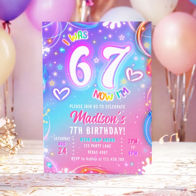 Six Seven 6 7 Neon Glow Retro Groovy Girl Birthday Invitation (Creator Uploaded)