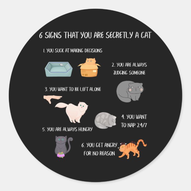 Six Signs That You Are Secretly A Cat Funny Best Classic Round Sticker (Front)