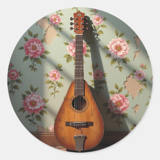 Six-Stringed Dulcimer Vintage Floral Classic Round Sticker