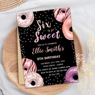 Six Sweet Black Pink Doughnut Birthday Invitations
