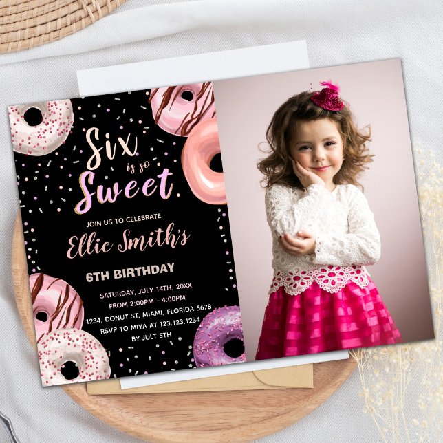 Six Sweet Black Pink Photo Doughnut Birthday Invitation (Six Sweet Black Pink Photo Donut Birthday Invitation)