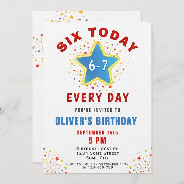 Six Today 6 7 Every Day Meme Star 6th Birthday  Invitation (Front/Back)