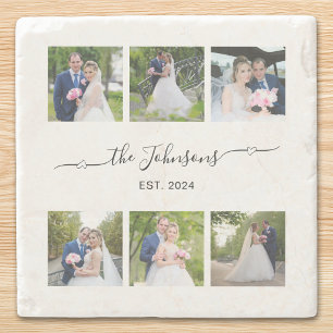 Six Wedding Photo Heart Swash Signature Stone Coaster
