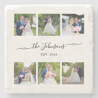 Six Wedding Photo Heart Swash Signature Stone Coaster