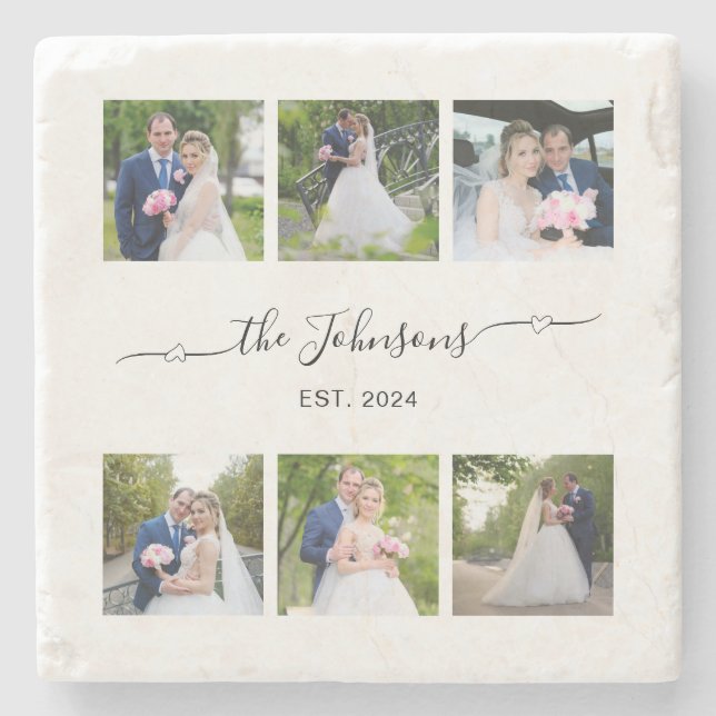 Six Wedding Photo Heart Swash Signature  Stone Coaster (Front)