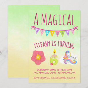 Six Years Old Unicorn Theme Birthday Party Invitation