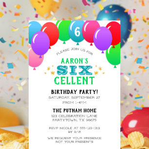 SIXcellent 6th Birthday Balloon Banner Blue Invitation