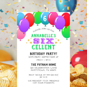 SIXcellent 6th Birthday Balloon Banner Purple Invitation