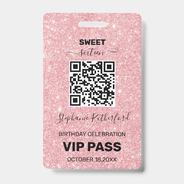 Sixteen Birthday Party VIP PASS Pink Glitter ID Badge (Front)