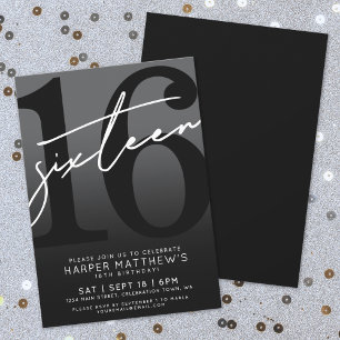 Sixteen Black 16th Birthday Invitation