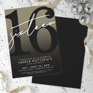 Sixteen Black Gold 16th Birthday Invitation