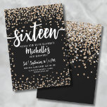 Sixteen Black Gold Glitter 16th Birthday Invitation<br><div class="desc">Introducing a chic and playful Sweet Sixteen 16th birthday party invitation, perfect for celebrating 16 years old in style. The elegant design features a mix of gold and silver glitter confetti, adding a glamourous touch. At the top, "Sixteen" is prominently displayed in bold calligraphy, setting the tone for an unforgettable...</div>