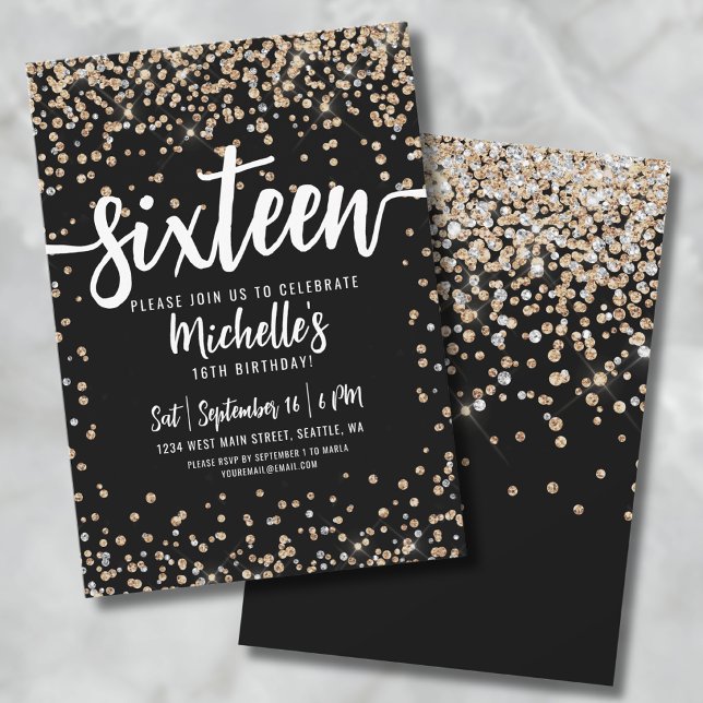 Sixteen Black Gold Glitter 16th Birthday Invitation (Sixteen Black And Gold Glitter 16th Birthday Invitation)