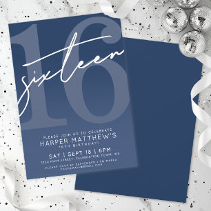 Sixteen Blue 16th Birthday Invitation