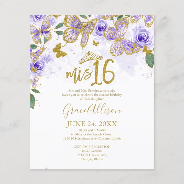 Sixteen Butterfly Budget Invitation Bilingual  (Front)