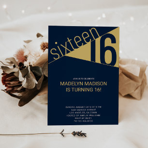 Sixteen   Navy Blue & Gold 16th Birthday Party Invitation