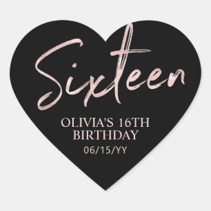 Sixteen Rose gold & Black Sweet 16 Birthday Party Heart Sticker