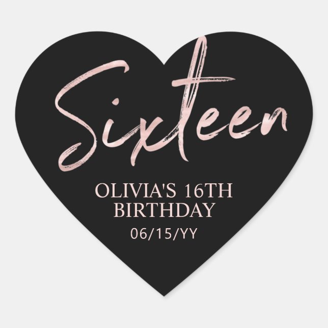 Sixteen Rose gold & Black Sweet 16 Birthday Party Heart Sticker (Front)