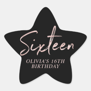 Sixteen Rose gold & Black Sweet 16 Birthday Party Star Sticker