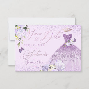 Sixteenera Save the Date Dusty Purple Gown Invitation