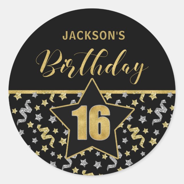 Sixteenth Birthday Black and Gold Confetti Classic Round Sticker (Front)
