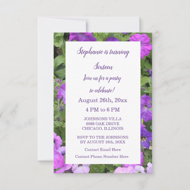 Sixteenth Birthday Floral Pink Purple Petunia 16th Invitation (Front)