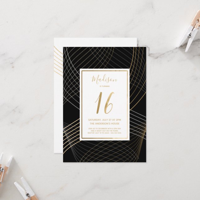 Sixteenth Birthday Invite - Black, Gold, Elegant (Front/Back In Situ)