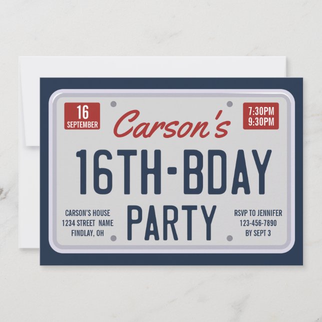 Sixteenth Birthday License Plate Birthday Party Invitation (Front)