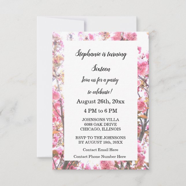 Sixteenth Birthday Pink Cherry Blossom Floral Cute Invitation (Front)
